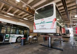 Bus undergoes repairs in maintenance facility