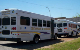 Mini-buses to transport residents of the Choctaw Nation line up along a curb