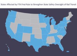 Map of the United States showing 30 states affected by State Safety Oversight Final Rule