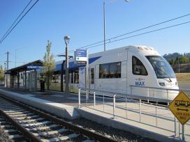 TriMet light rail train at Clackamas Town Center station